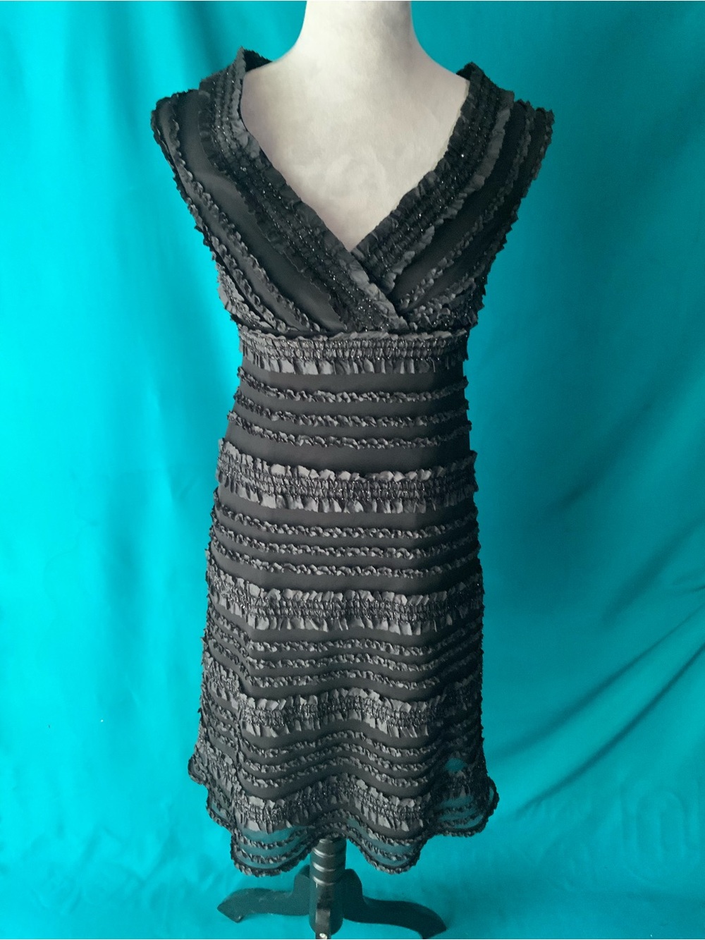 TADASHI SHOJI, VINTAGE 1990s BLACK RIBBON TRIM COCKTAIL DRESS, TIERED RUFFLES